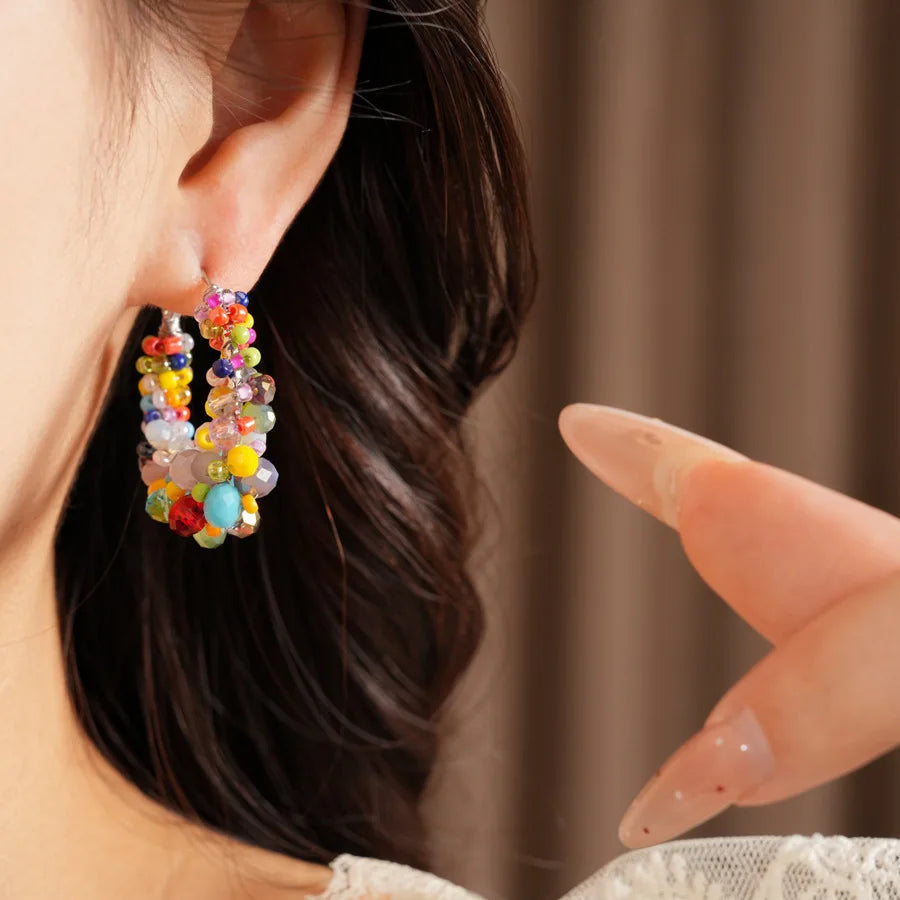 Colorful Glass Beaded Cluster Hoop Earrings for Women Shiny Wrapped Circle Huggie Earrings Vacation Festival Beach Jewelry N
