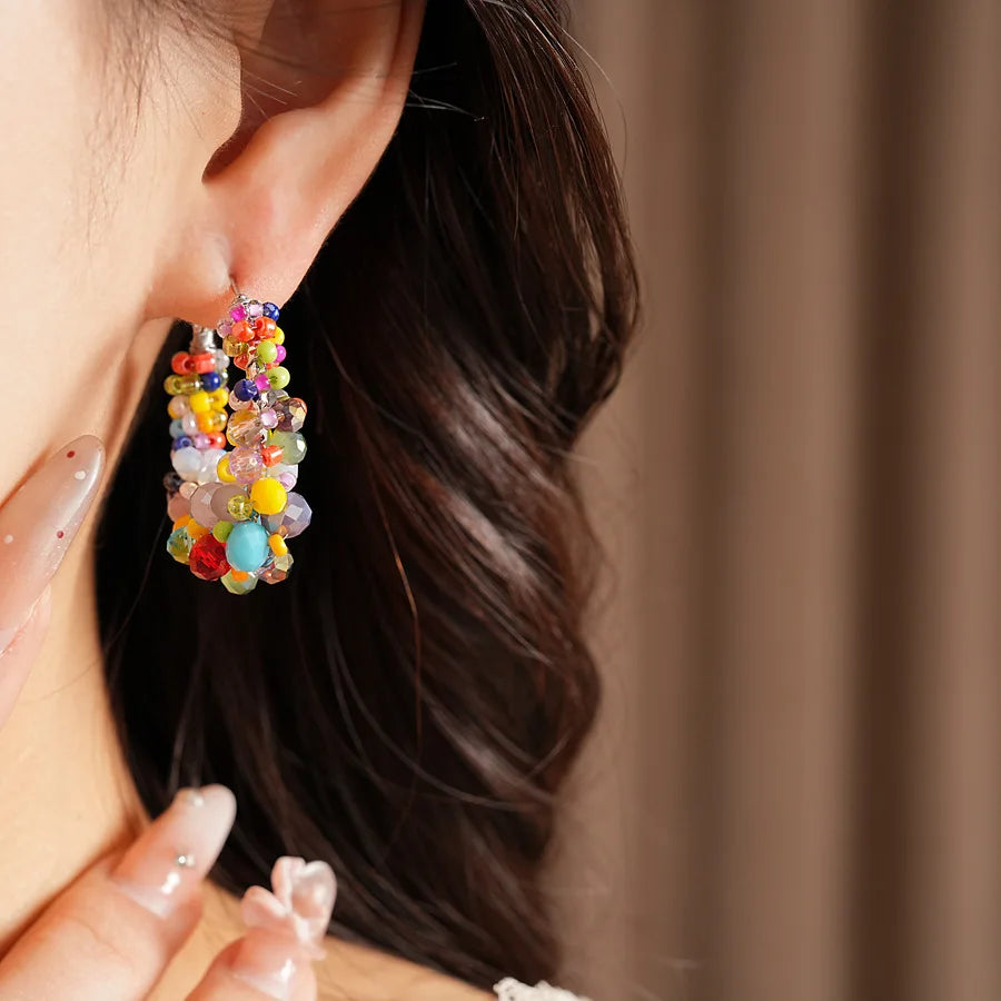 Colorful Glass Beaded Cluster Hoop Earrings for Women Shiny Wrapped Circle Huggie Earrings Vacation Festival Beach Jewelry N