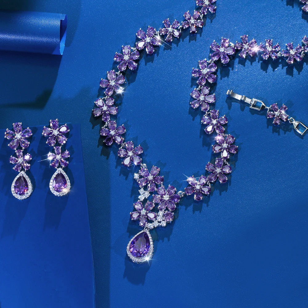 ThreeGraces Vintage Brilliant Pink Water Drop Zirconia Flower Shape Bridal Wedding Evening Party Jewelry Set for Women T1204