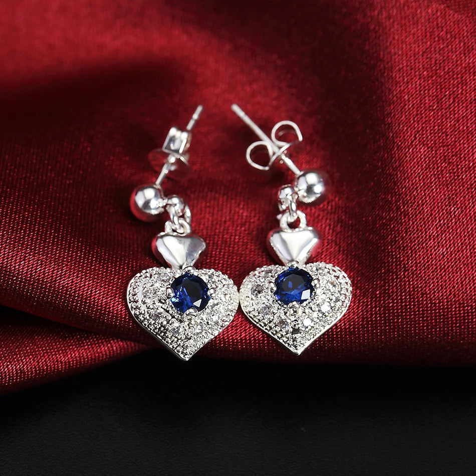 Hot Noble blue crystal heart 925 sterling Silver pendant necklace earring Jewelry sets for Woman classic fashion party fine gift