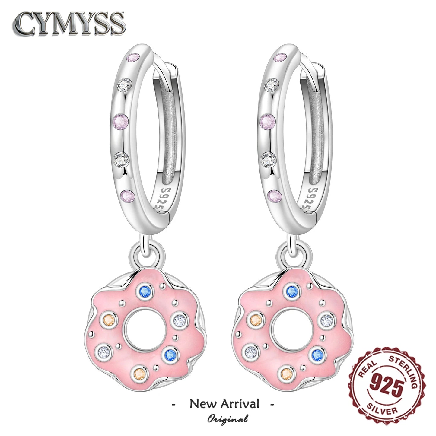 Hot Sale Original 925 Sterling Silver Zircon Pink Doughnut Earrings Flower Paw Print Design Women Party Jewelry Gifts Ear Loops