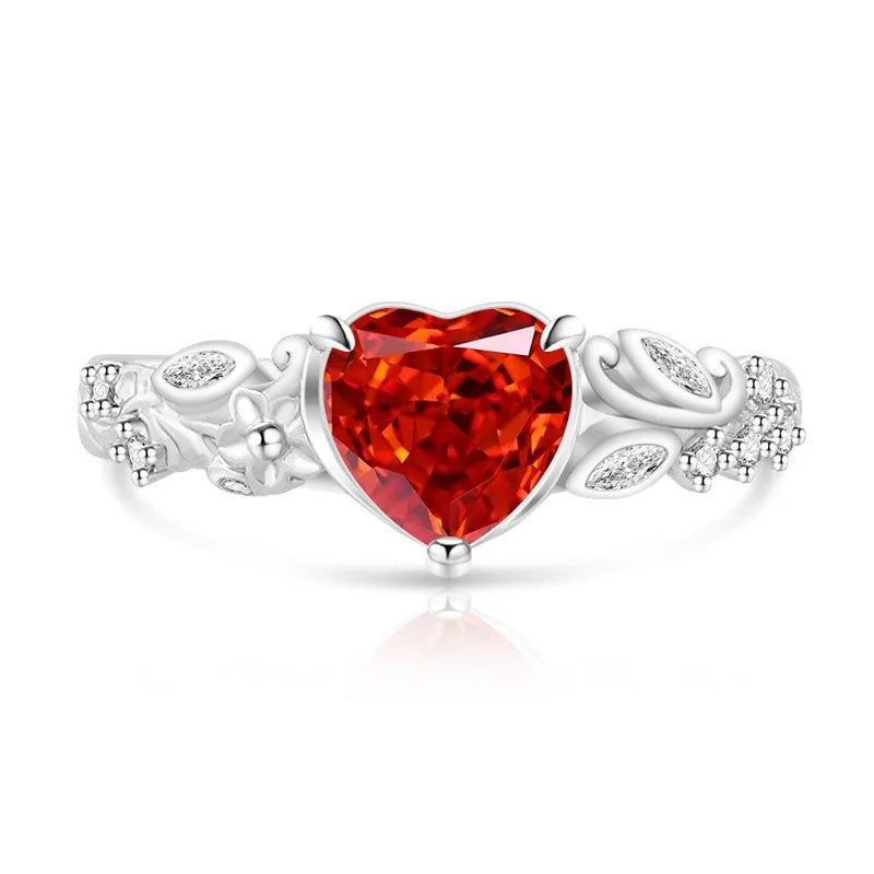 925 Sterling Silver Heart Ice Flower Cut Solitaire Ring, Antique Floral Band with Marquise Side Zircon, Ladies Party Jewelry