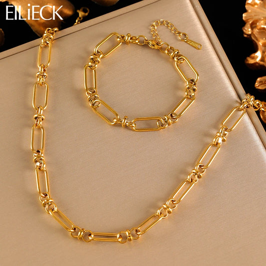\EILIECK Stainless Steel Metal Gold Color Chain Necklace Bracelet For Women New Fashion Waterproof Collar Jewelry Set Gift Party