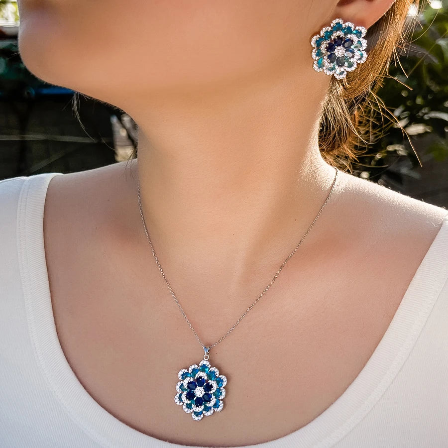 ThreeGraces 2025 New Fashion Blue Zirconia 3D Design Big Flower Earrings and Pendant Necklace Party Jewelry Set for Women J722