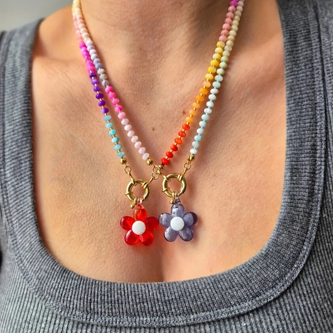 Handmade Colorful Glass Beaded Flower Neckalce Stainless Steel Geometric Natural Stone Pendant Choker Summer Beach Jewelry Gift