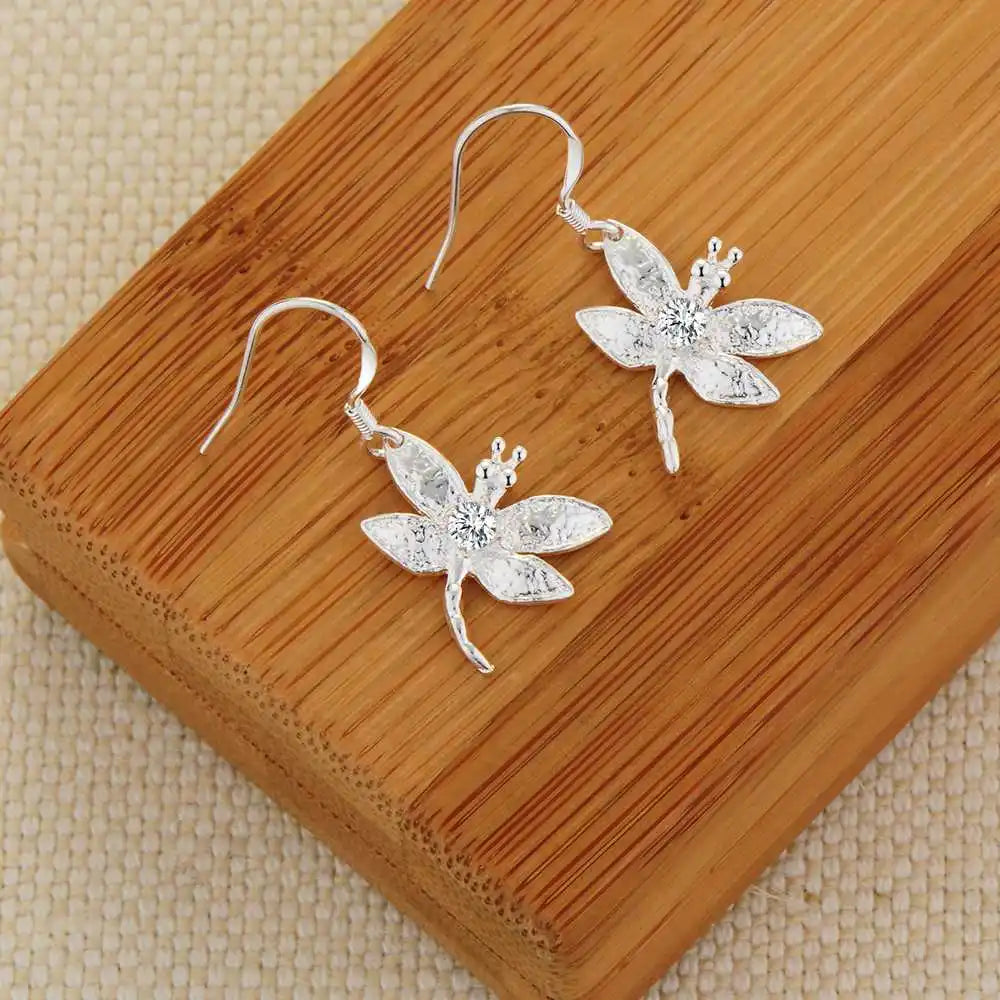New 925 Sterling Silver Set High Quality Dragonfly Necklace Earring Chain Fashion Jewelry For Women Wedding Birthday Party Gift
