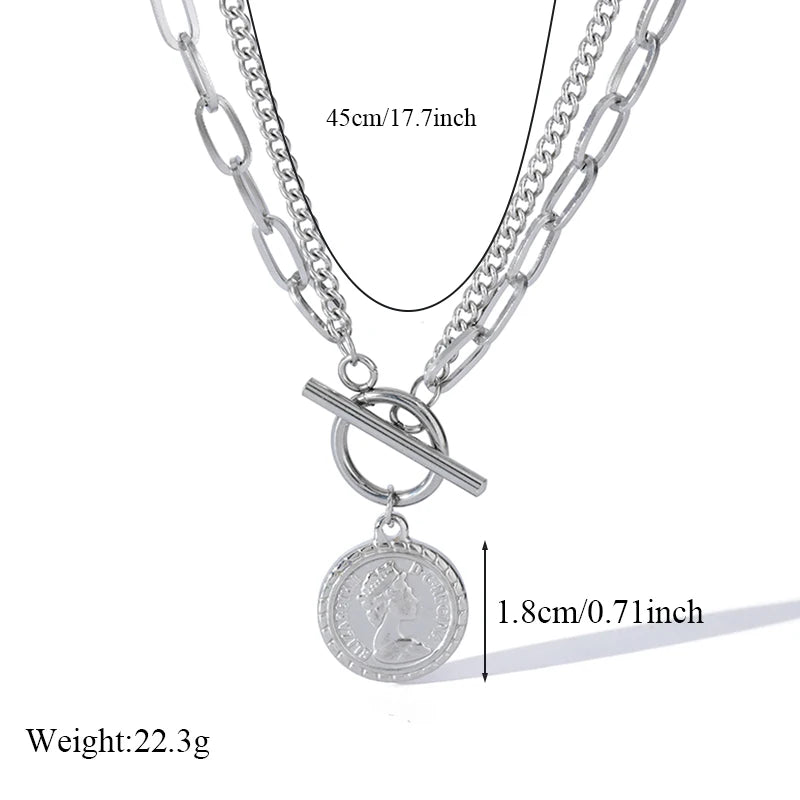 EILIECK 316L Stainless Steel Portrait Coin Pendant Necklace For Women Fashion Silver Color Neck Chain Waterproof Jewelry Gift