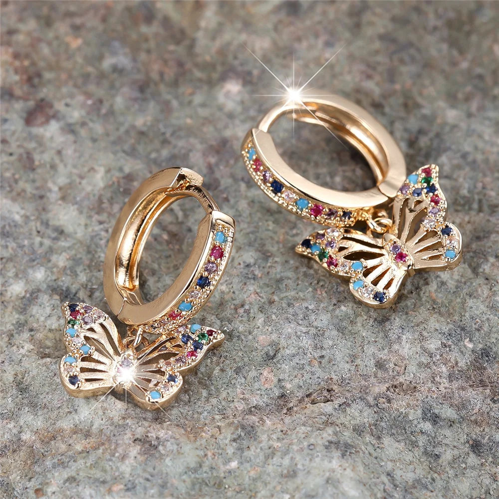 Luxury Female Rainbow Zircon Butterfly Hoop Earrings Fashion Gold Color Wedding Jewelry For Women