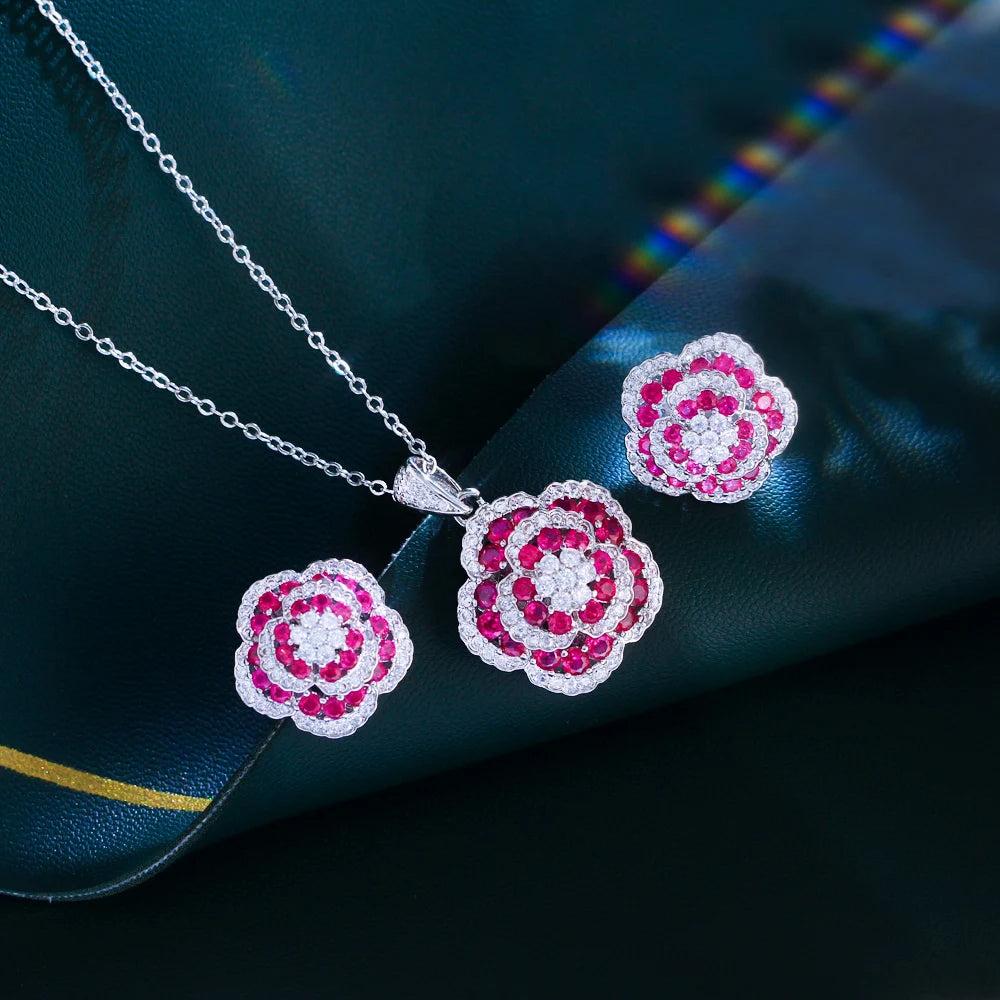 ThreeGraces Elegant Rose Red Cubic Zirconia Unique Flower Pendant Necklace and Stud Earrings Party Jewelry Set for Women JS715
