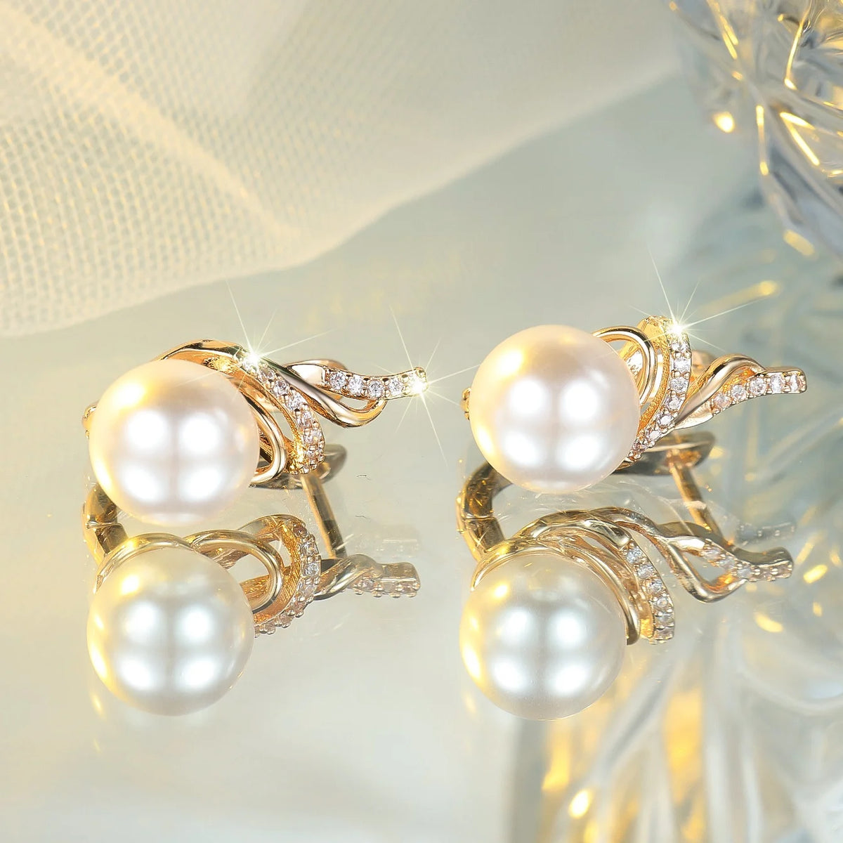 White Pearrl Zircon Stone Round Hoop Earrings Luxury Female Gold Color Wedding Jewelry For Women