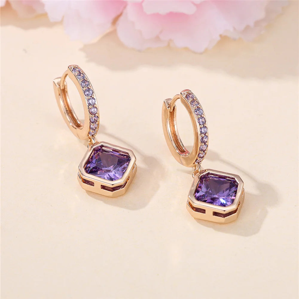 Dainty Female Purple Square Round Zircon Stone Hoop Earrings Cute Gold Color Girlfriend Gifts Wedding Jewelry For Women