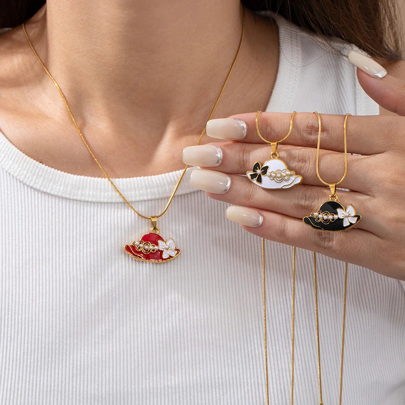 ANENJERY 316L Stainless Steel Colorful Enamel Hat Bag Pendant Necklace For Women Niche Luxury Design Fashion Jewelry Wholesale