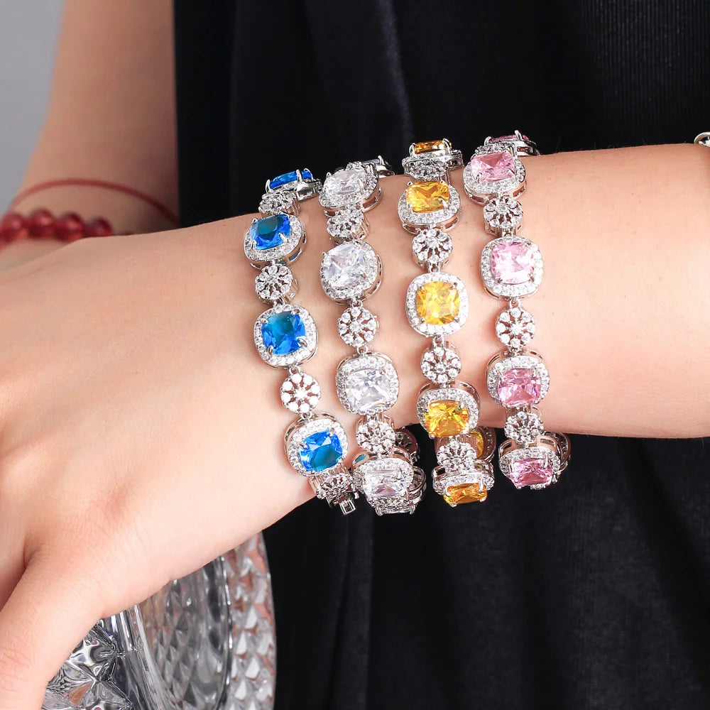 ThreeGraces Sparkly Yellow Cubic Zirconia Silver Color Geometric Square CZ Wedding Statement Bracelet for Women Jewelry BR295