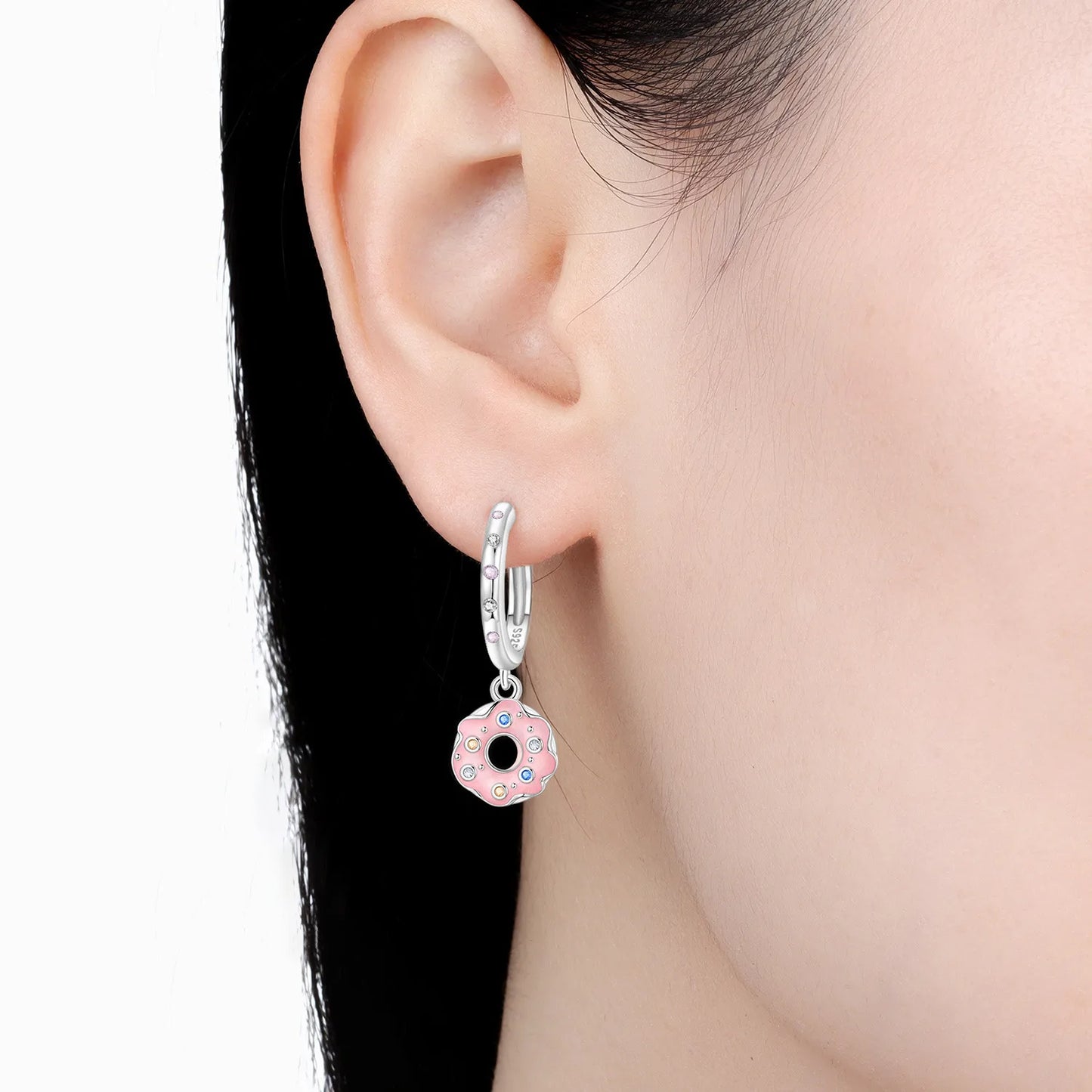 Hot Sale Original 925 Sterling Silver Zircon Pink Doughnut Earrings Flower Paw Print Design Women Party Jewelry Gifts Ear Loops