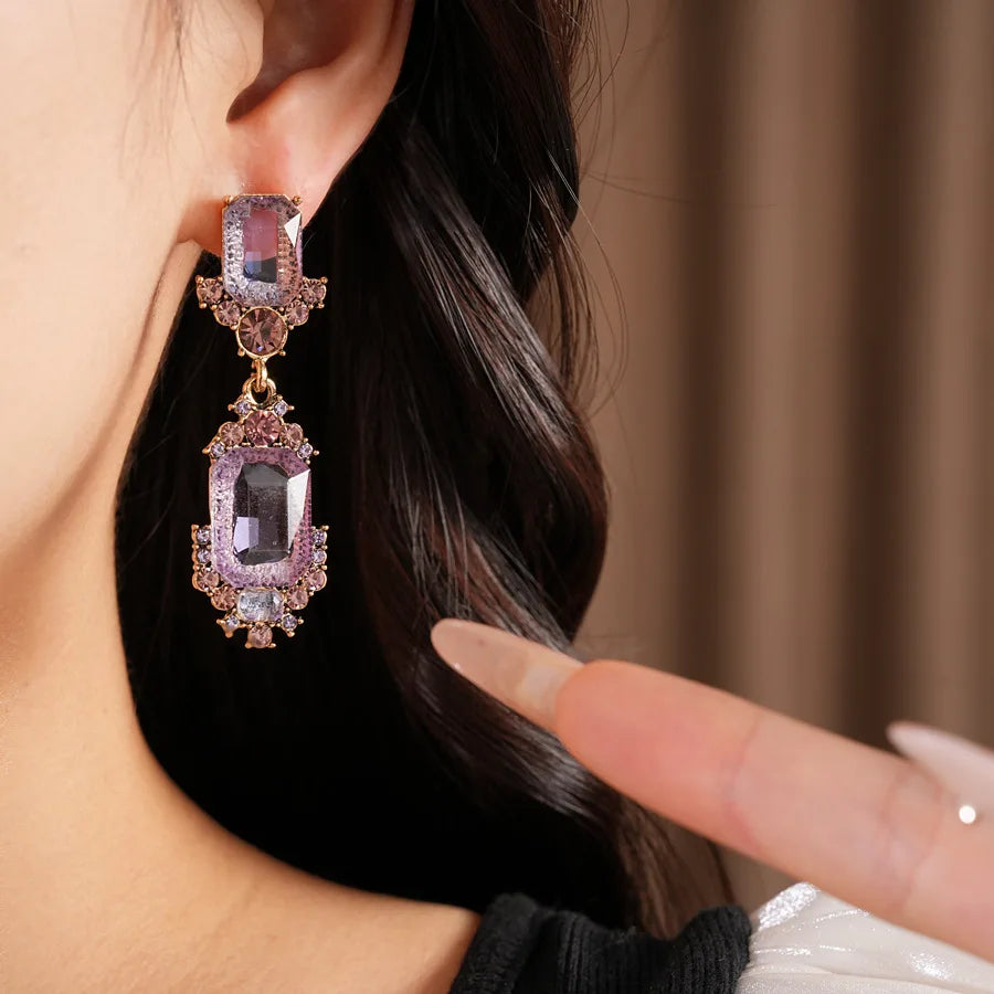 1 Pcs Purple Square Rhinestones Chokers Necklaces Retro Shiny Geometric Drop Earring Luxury Jewelry Set Gifts Wedding Party N