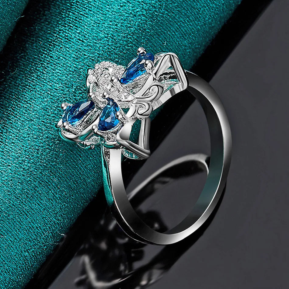 URMYLADY 925 Sterling Silver Butterfly Blue Zircon 7-10# Ring For Women Fashion Wedding Party Charm Jewelry