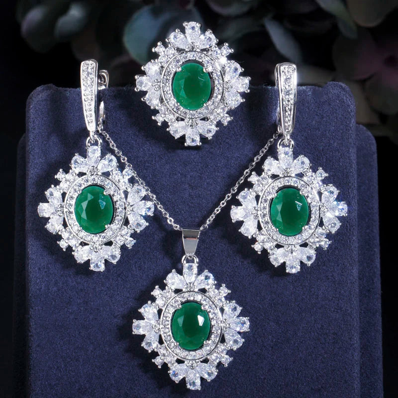 ThreeGraces Elegant Green Cubic Zirconia Geometric Earrings Ring Necklace Daily Party Jewelry Set for Women Accessories JS702