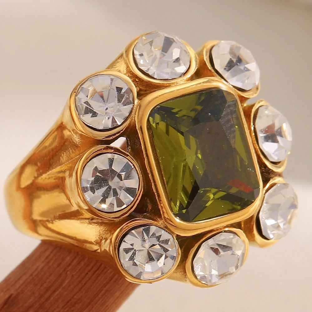 E.B.belle Party Shiny Flower Luxury Clear Green Zircon Ring Stainless Steel PVD Plated Fashion Women Stetement Jewelry