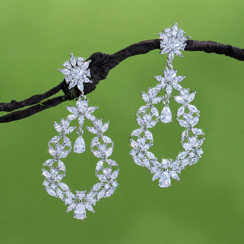 ThreeGraces Shining White Cubic Zirconia Big Long Flower Dangle Bridal Earrings for Women Fashion Wedding Party Jewelry E2018