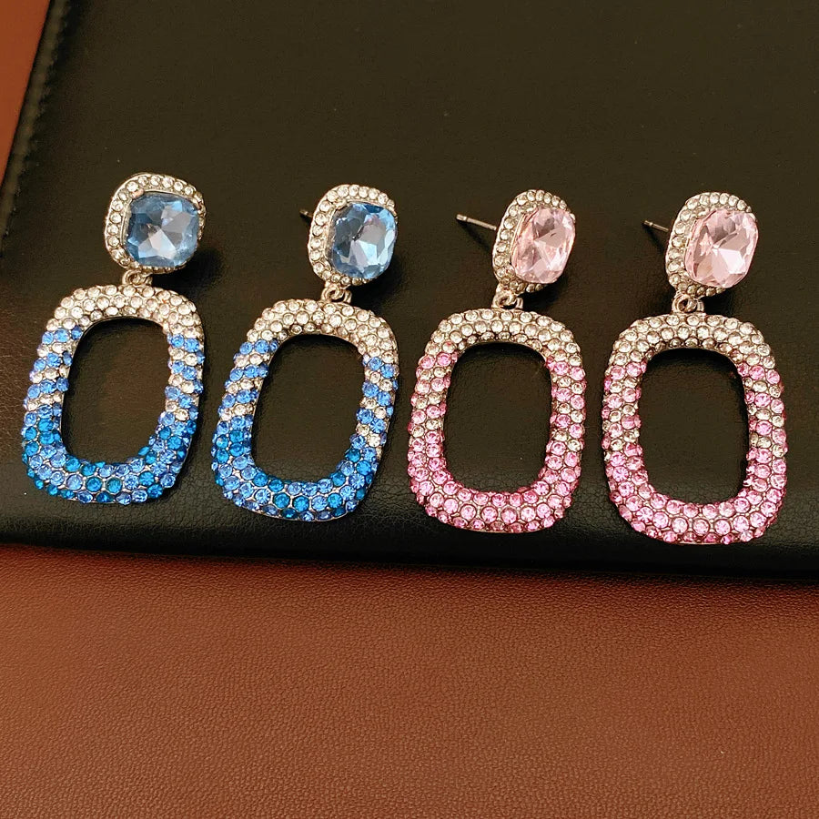 Rhinestone Hollow Square Dangle Earrings Personality Elegant Exquisite Light Luxury High Grade Fashion Ear Jewelry for Women