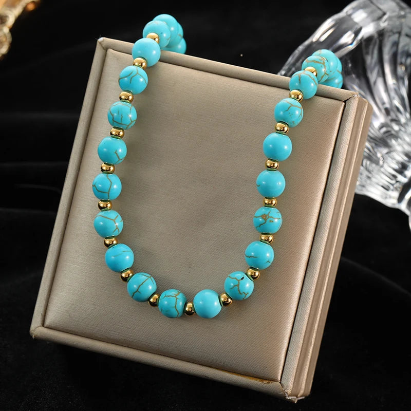 EILIECK 316L Stainless Steel Green Stone Necklaces Irregular Bead String Necklace Fashion Women's Vacation Jewelry Chain Chokers
