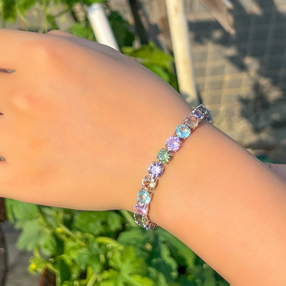 ThreeGraces Shiny Multicolor Cubic Zirconia Fashion Round CZ Tennis Bracelet for Women New Trendy Daily Party Jewelry BR388