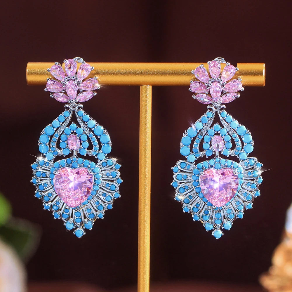 ThreeGraces Luxury Shiny Pink Heart Zirconia and Synthetic Turquoise Women Long Big Bridal Wedding Party Earrings Jewelry E2052