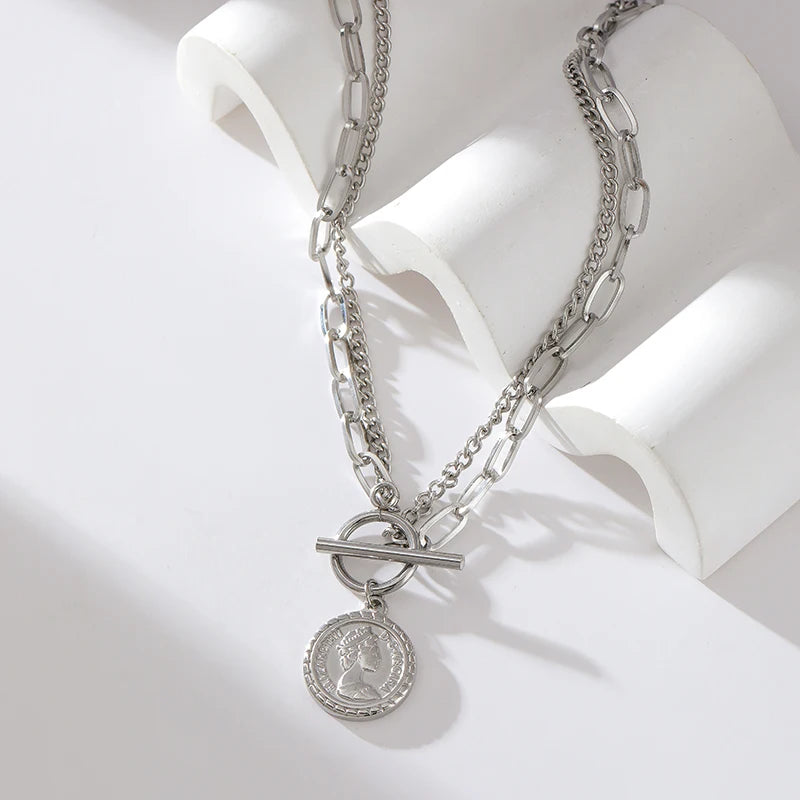 EILIECK 316L Stainless Steel Portrait Coin Pendant Necklace For Women Fashion Silver Color Neck Chain Waterproof Jewelry Gift