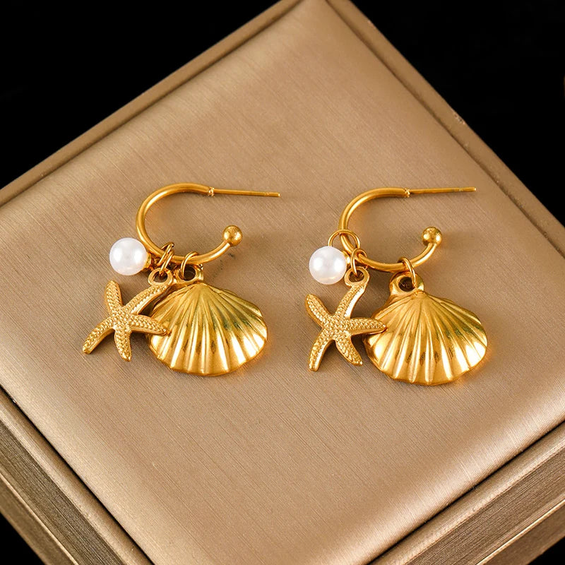 EILIECK 316L Stainless Steel Gold Color Starfish Shell Pearl Necklace Earrings Set For Women Trendy Waterproof Jewelry Lady Gift