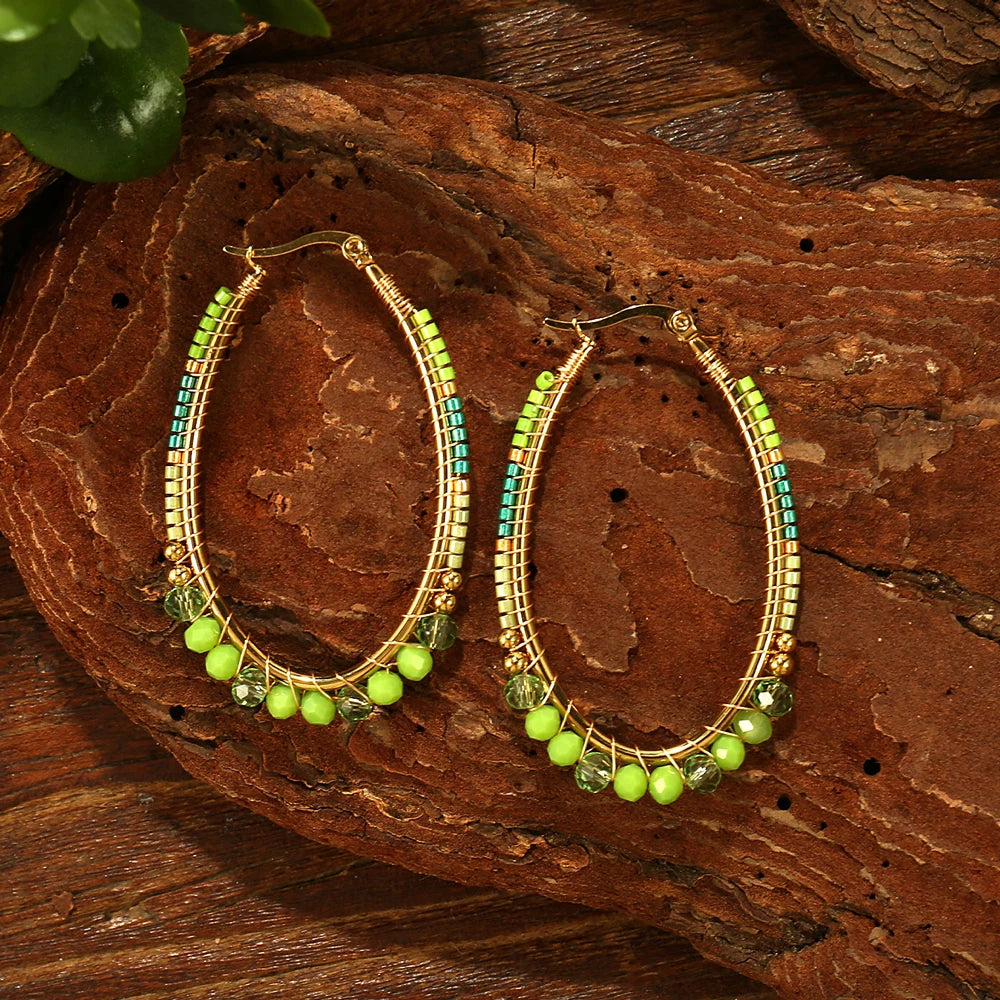 Badu Boho Colorful Woven Crystal Beads Oval Hoop Earrings for Women Stainless Steel Handmade Jewelry Bohemia Fashion Gifts