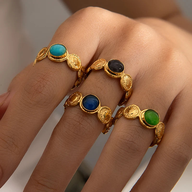 ANENJERY 316L Stainless Steel Colorful Stone Round Card Sun Open Ring for Women Men Niche Special Jewelry Gifts Wholesale