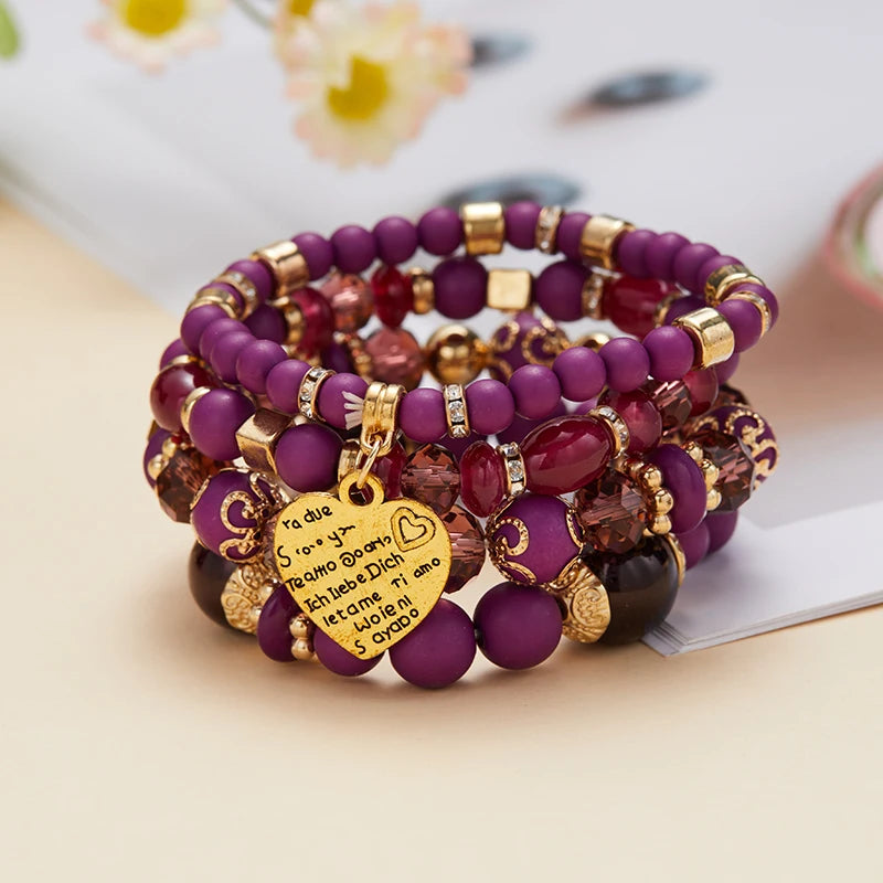 4pcs/set Bohemian Stackable Bead Bracelets for Women Multilayered Bracelet Pendant Charm Stretch Bangles
