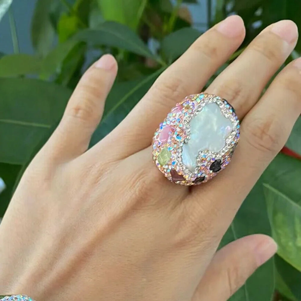 Raw Baroque Freshwater Pearl Open Bangle Women Natural Tourmaline Crystal Cuff Bracelet AB Color Rhinestone Fashion Jewelry