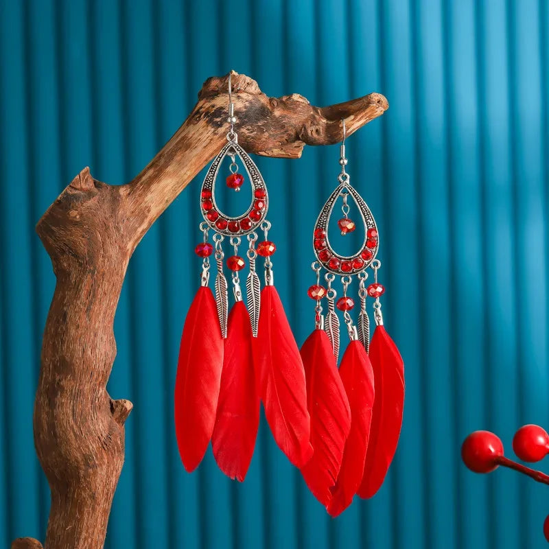 Bohemian Women Handmade Earrings For Female Colorful Long Feather Crystal Drop Tassel Dangle Earring Ladies Boho Jewelry Gift