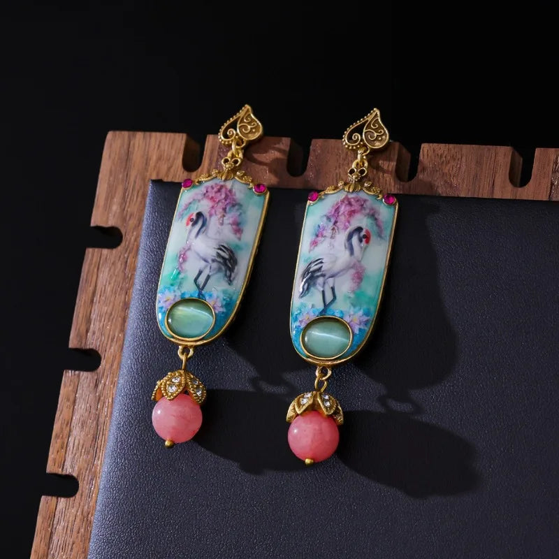 Retro Chinese Style Women Earrings Enamel Painted Cat's Eye Stones Fashion Jewelry Elegant Versatile Aretes De Mujer
