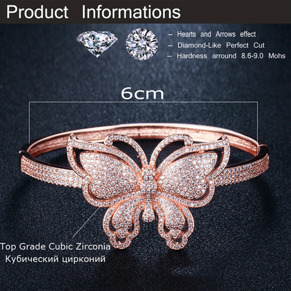 ThreeGrace Luxury Sparkling Cubic Zirconia Wedding Bridal Party Big Butterfly Finger Ring and Bangle Jewelry Set for Women JS543