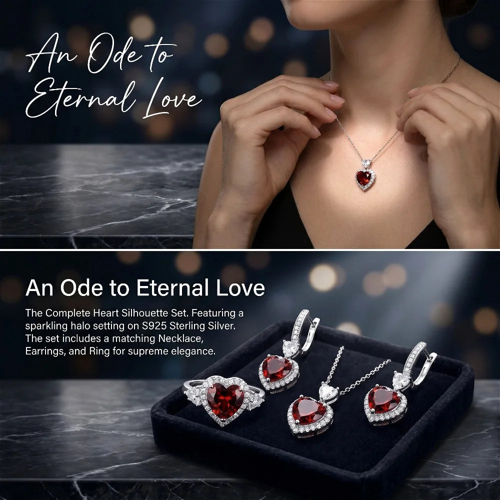 Light luxury 925 sterling silver new Palan set of ring, pendant, earrings, studs, sweet heart, fashionable and simple