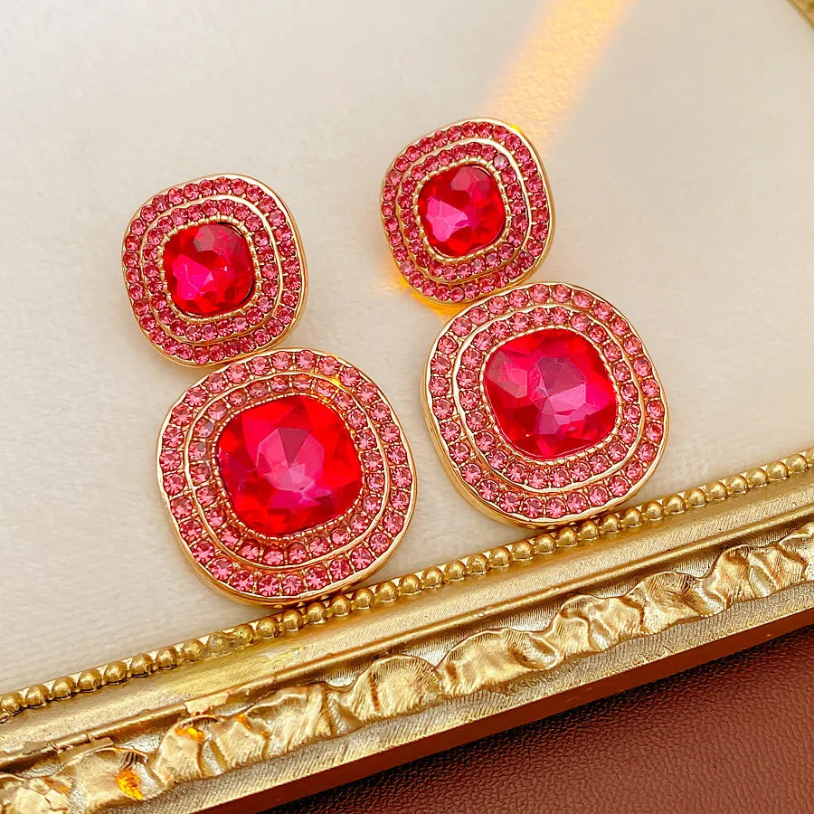 Vintage Full Rhinestones Square Dangle Earrings for Women Shiny Exquisite High-end Geometric Drop Earring Luxury Jewelry Gifts N
