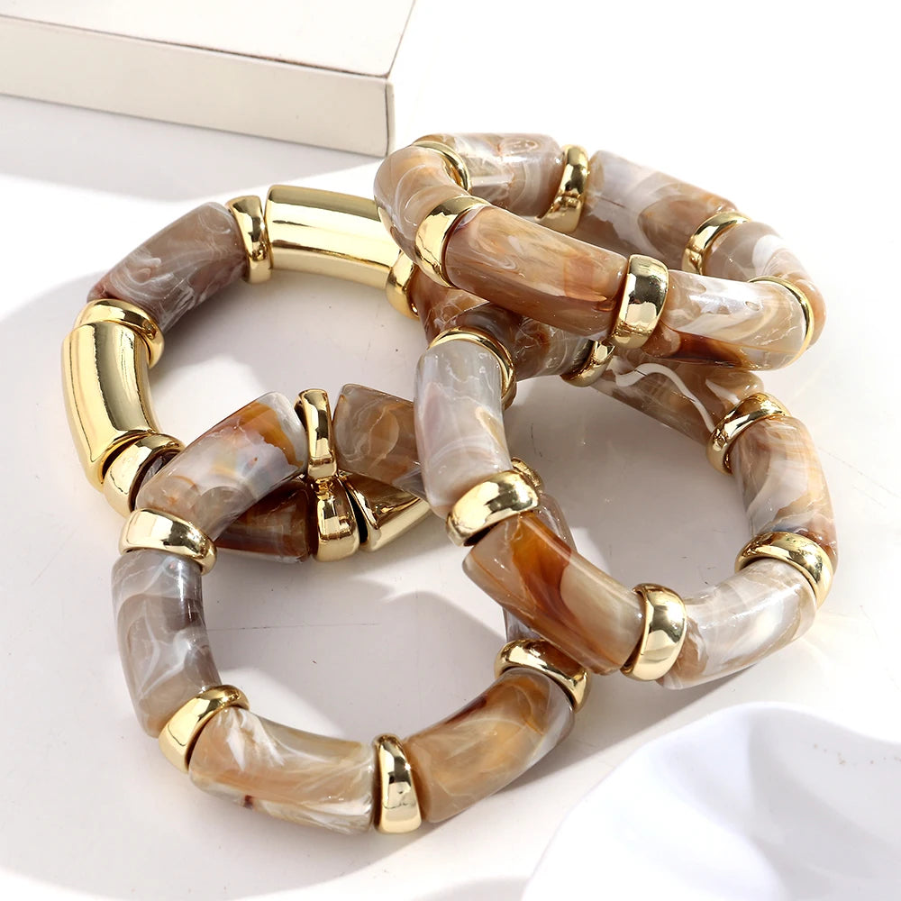 3pcs Fashion Chunky Tube Beaded Elastic Bangle Bracelets Acrylic Marbled Geometric Curved Beaded Bracelet Vintage Jewelry Gifts