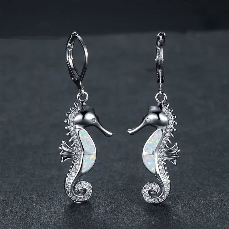 Cute Female Sea Horse Hoop Earring White Blue Opal Stone Animal Jewelry Rose Gold Silver Color Wedding Earrings For Women