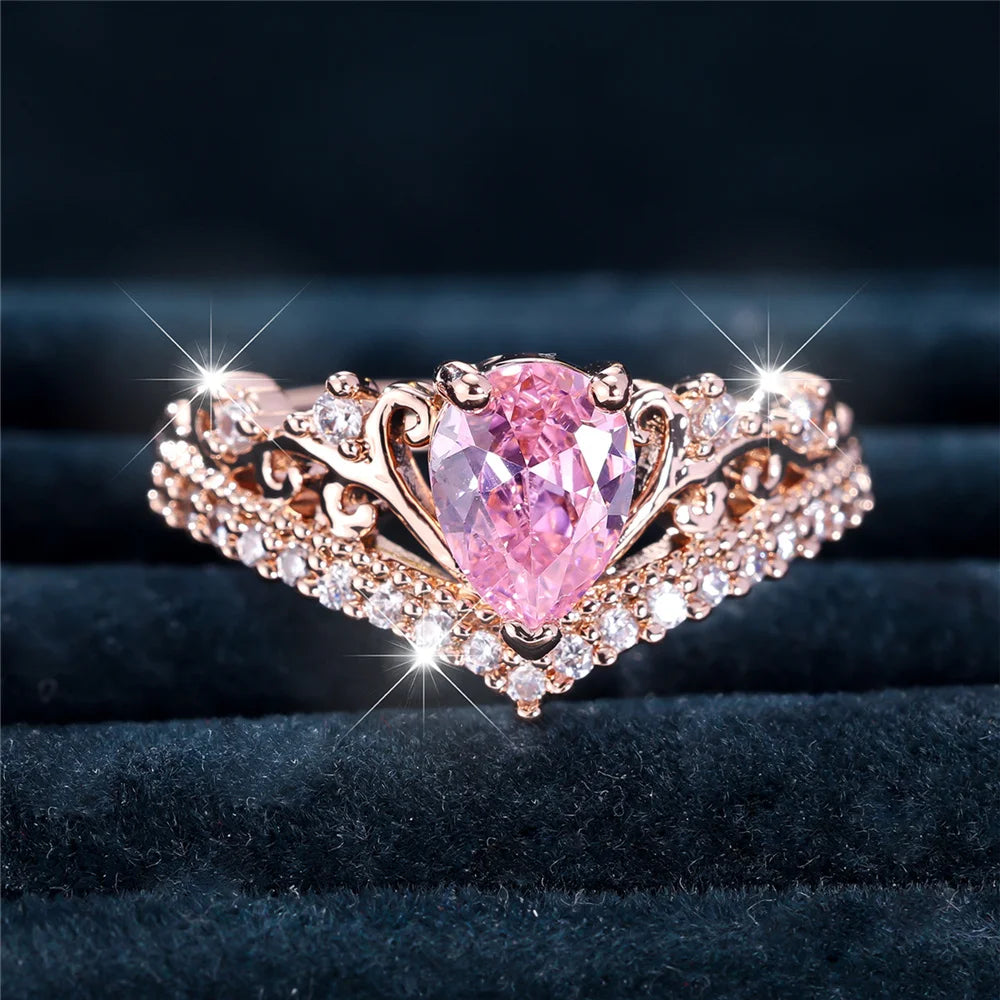 Luxury Female Pink Water Drop Zircon Stone Ring Dainty Rose Gold Color Wedding Jewelry For Women