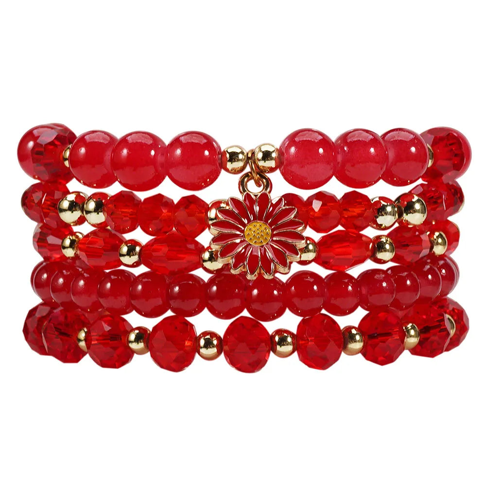 Bohemian Daisy Flower Charm Colorful Crystal Beaded Bracelet Set for Women Summer Beach Hand Jewelry Accessory Boho Wrsit Chains