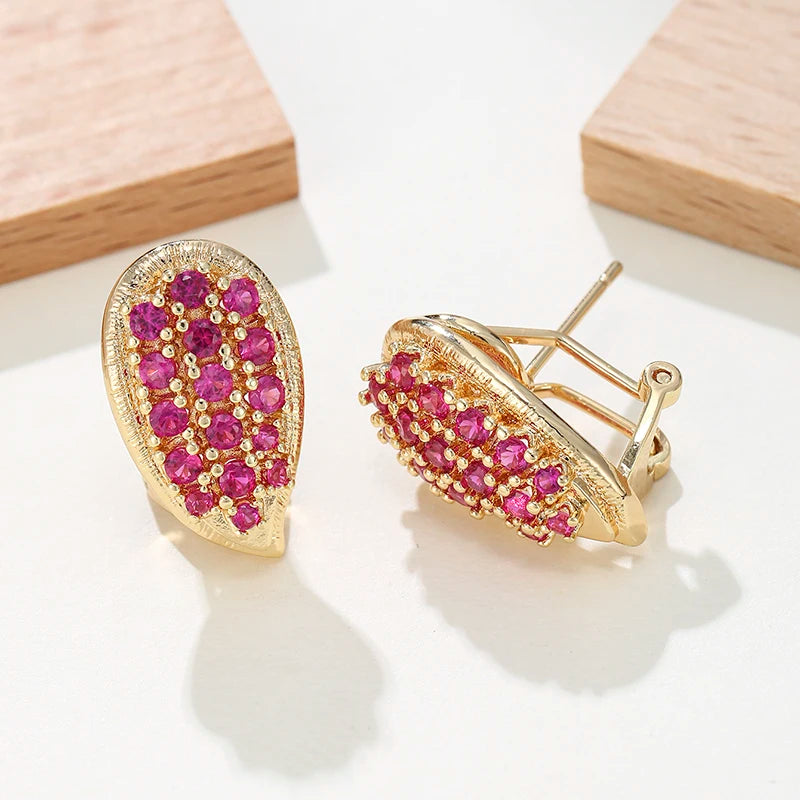 Sparkling Pink CZ Stud Earrings Gold Color Oval Shaped Pave Cubic Zirconia Earrings for Women Party Jewelry Bridal Accessories