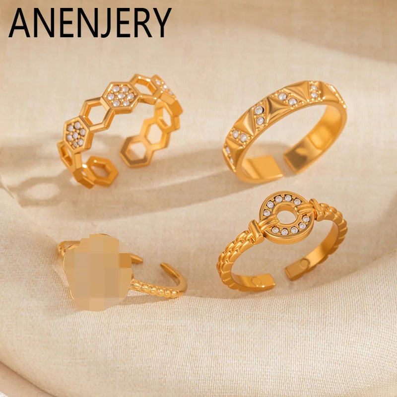 ANENJERY 316L Stainless Steel Hollow Round Hexagon Zircon Open Ring For Women Simple Luxury Temperament Jewelry Gifts