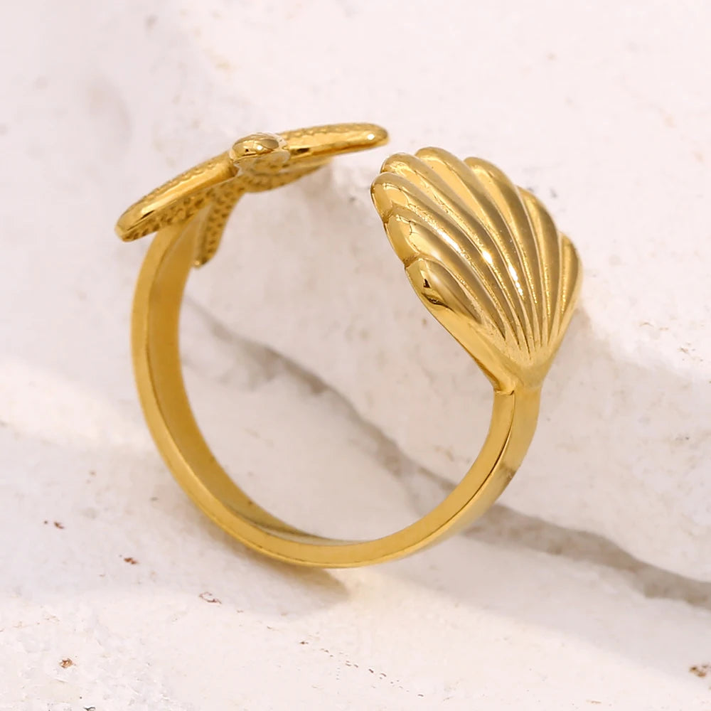 E.B.belle Personality Shell Starfish Opening Rings for Women New Fashion 316L Stainless Steel  PVD Plating Jewelry Decoration
