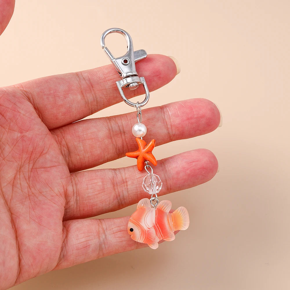 Aihua Lovely Pearl Starfish Small Fish Keychain For Summer Beach Kids Girls Cute Handbag Pendants Key Rings Jewelry Gifts
