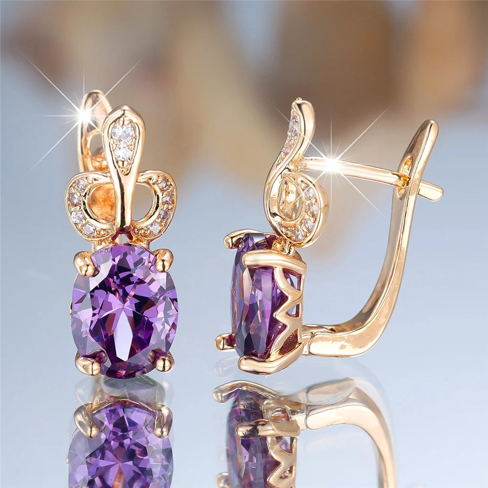 Luxury Female Purple Oval Zircon Stone Hoop Earrings Fashion Gold Color Wedding Jewelry For Women