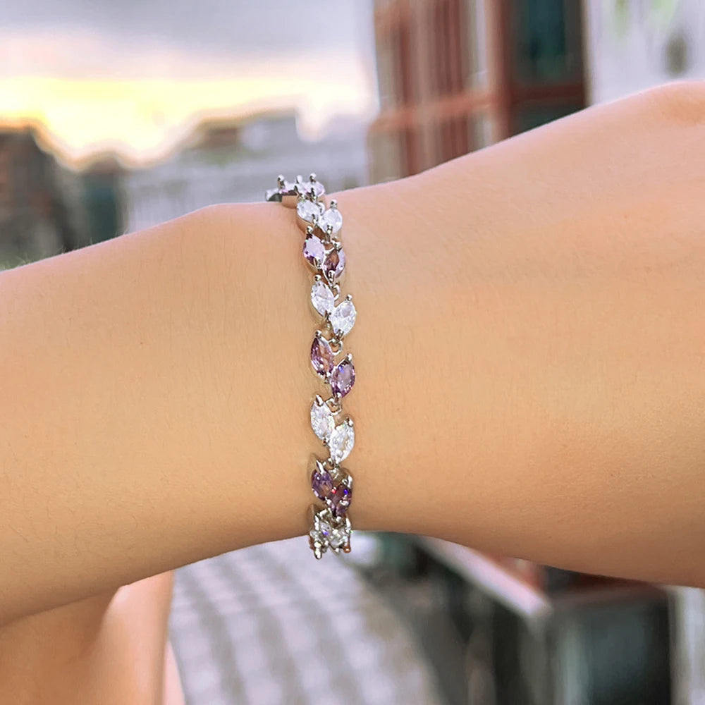 ThreeGraces New Trendy Brilliant Cubic Zirconia Leaf Shape Bridal Wedding Tennis Chain Link Bracelet Jewelry for Women B621