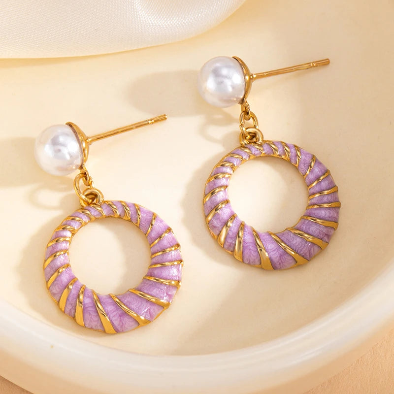 ANENJERY 316L Stainless Steel Hollow Round Imitation Pearls Stud Earrings For Women Luxury Niche Temperament Simple Jewelry Gift