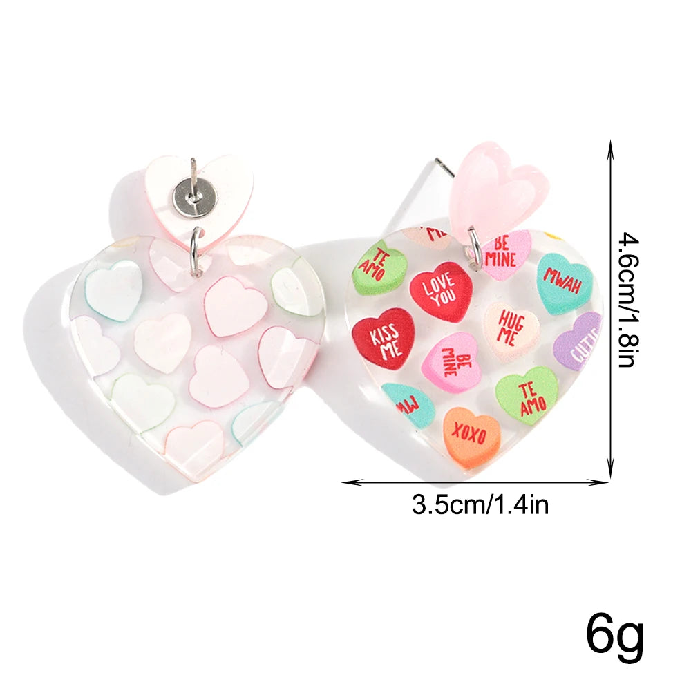 Sweet Acrylic Heart Love Message Drop Earrings for Women Resin Heart Shape Pendant Earrings Valentines Day Gifts